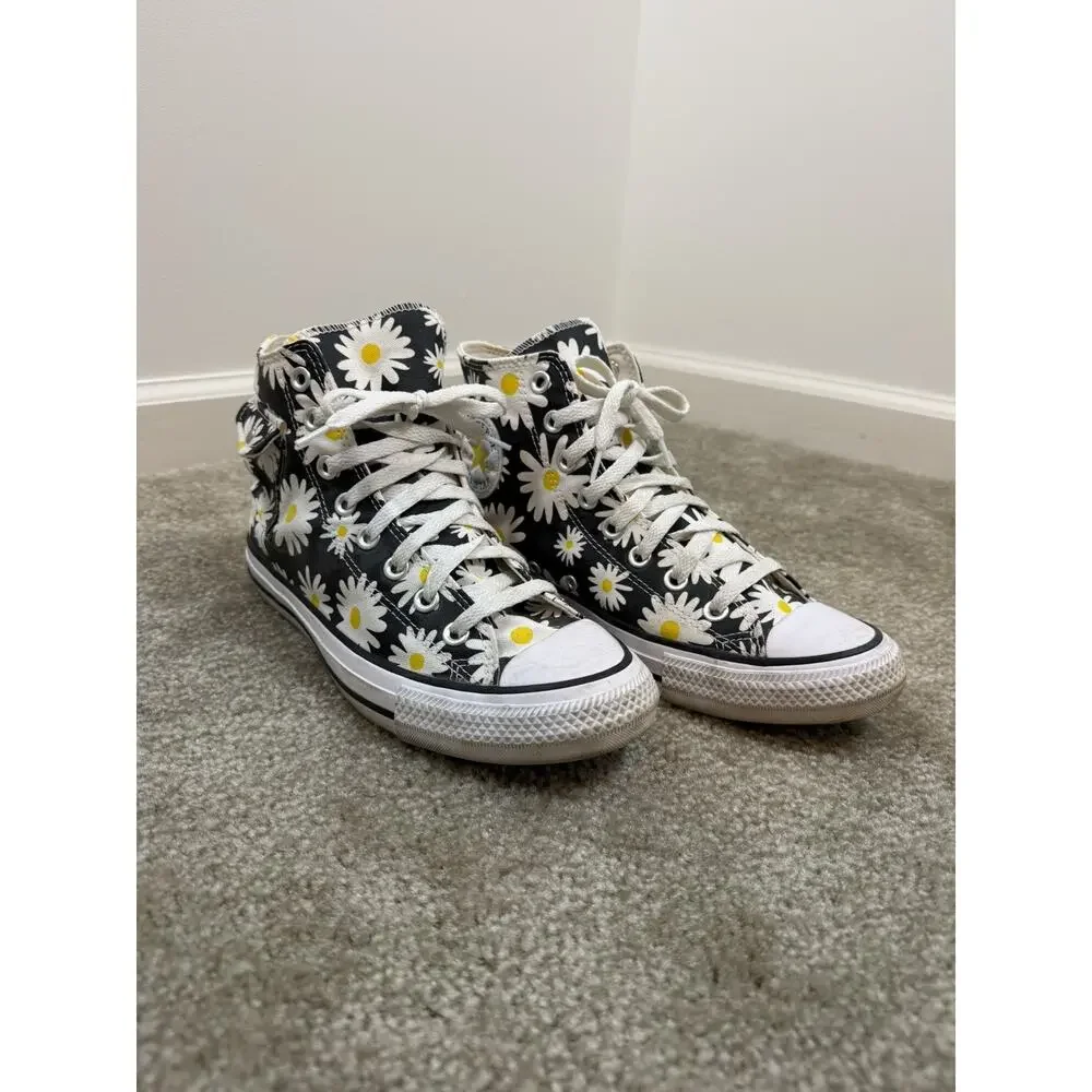 Converse High Top Sneakers Black with White and Yellow Daisy Print - Picture 9 of 9